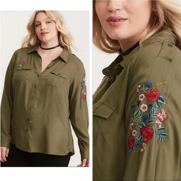 Torrid Floral Embroidered Collared Button Down Shirt Olive Green 3X - Picture 1 of 7